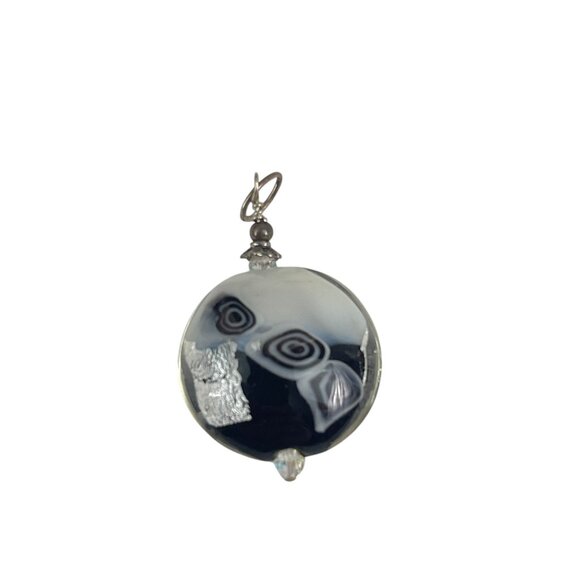 Handcrafted Black White Murano Glass Pendant Abstract Swirl Design Sterling Silv - Picture 5 of 6